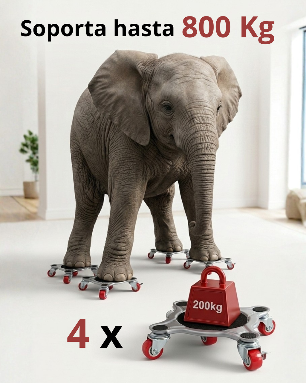 ANTEGE Kit para Mover Muebles Pesados | 4 Plataformas Acero Reforzado con 5 Ruedas 360° y 2 Frenos | Palanca Elevadora Extensible | Hasta 800 kg | Protege Parquet y Suelo