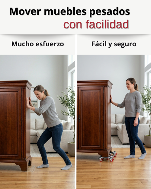 ANTEGE Kit para Mover Muebles Pesados | 4 Plataformas Acero Reforzado con 5 Ruedas 360° y 2 Frenos | Palanca Elevadora Extensible | Hasta 800 kg | Protege Parquet y Suelo