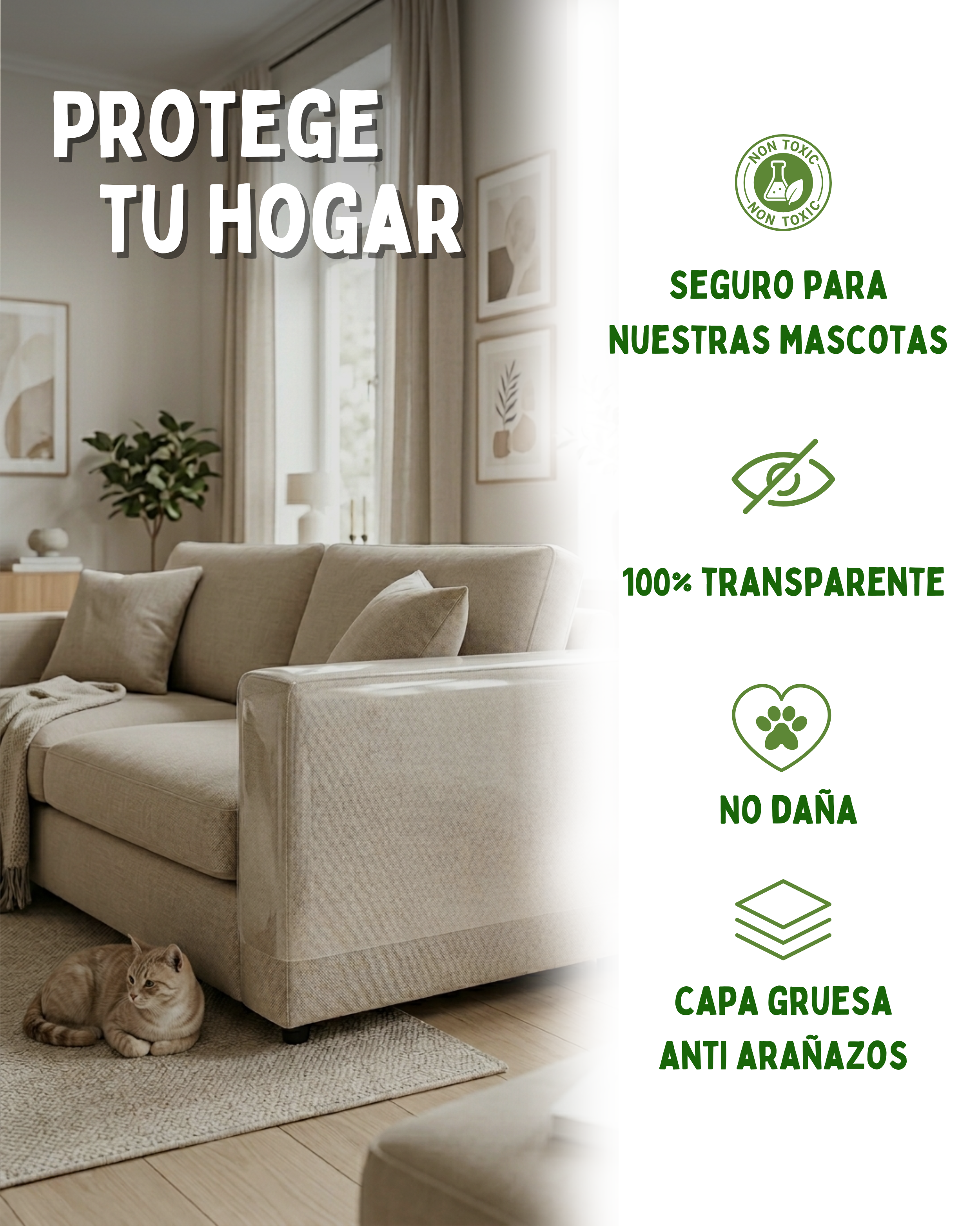 Protector Sofa Gatos Arañazos 20cm x 4m - Plastico Adhesivo Antiarañazos para Sofa y Puertas, Protector Transparente para Gatos y Perros, Fácil de Instalar