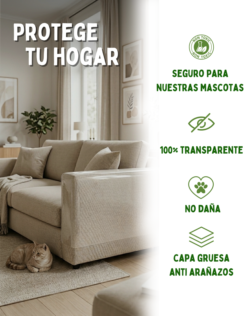 Protector Sofa Gatos Arañazos 20cm x 8m - Plastico Adhesivo Antiarañazos para Sofa y Puertas, Protector Transparente para Gatos y Perros, Fácil de Instalar