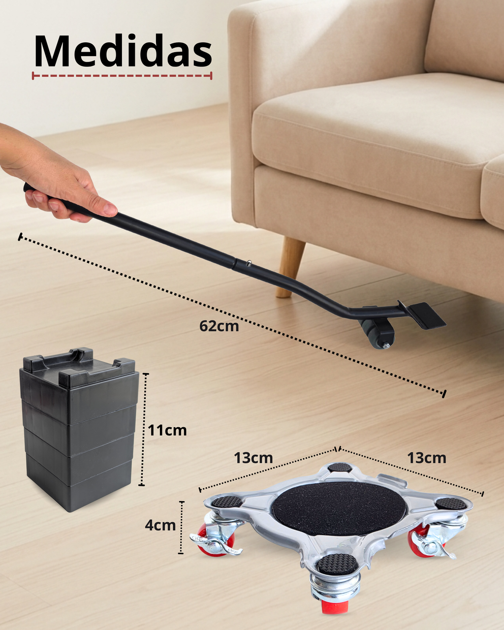 ANTEGE Kit para Mover Muebles Pesados | 4 Plataformas Acero Reforzado con 5 Ruedas 360° y 2 Frenos | Palanca Elevadora Extensible | Hasta 800 kg | Protege Parquet y Suelo