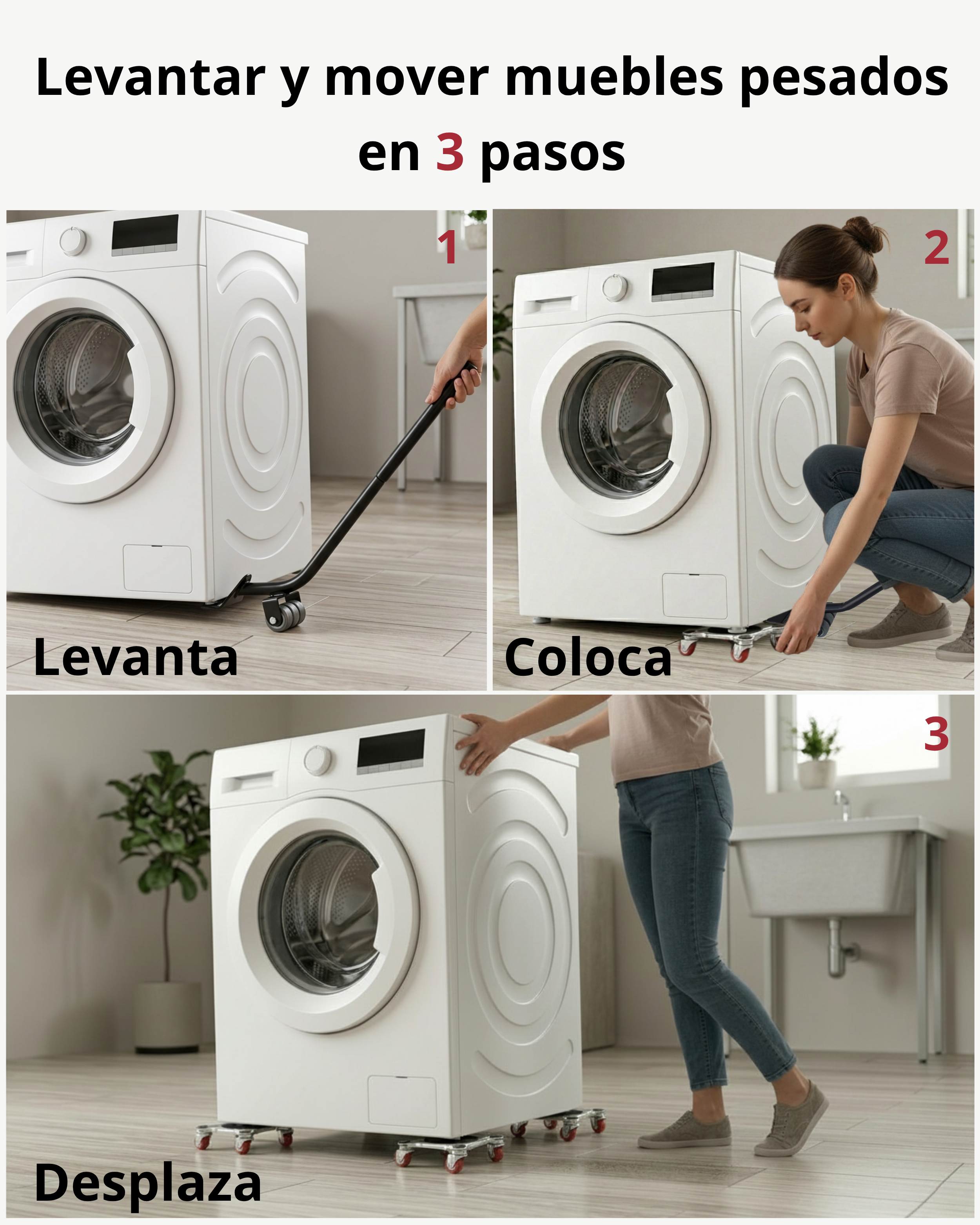 ANTEGE Kit para Mover Muebles Pesados | 4 Plataformas Acero Reforzado con 5 Ruedas 360° y 2 Frenos | Palanca Elevadora Extensible | Hasta 800 kg | Protege Parquet y Suelo