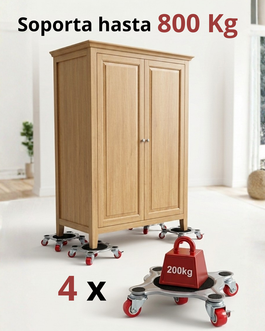 ANTEGE Kit para Mover Muebles Pesados | 4 Plataformas Acero Reforzado con 5 Ruedas 360° y 2 Frenos | Palanca Elevadora Extensible | Hasta 800 kg | Protege Parquet y Suelo