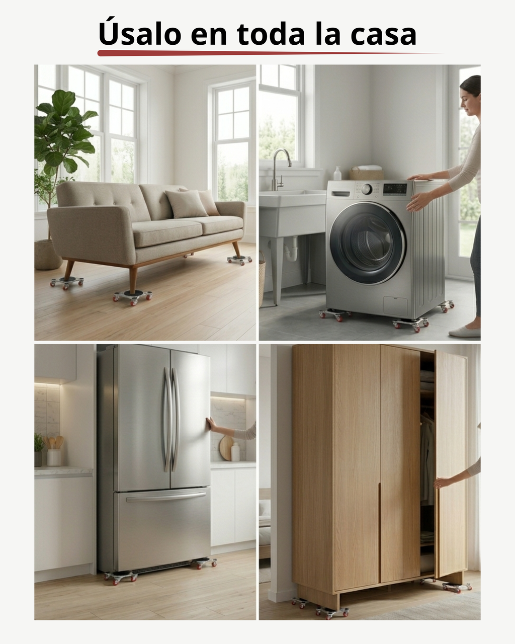 ANTEGE Kit para Mover Muebles Pesados | 4 Plataformas Acero Reforzado con 5 Ruedas 360° y 2 Frenos | Palanca Elevadora Extensible | Hasta 800 kg | Protege Parquet y Suelo